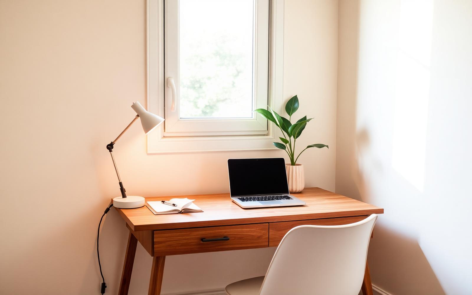 A minimalist warm home office with a small wooden desk, task lamp, laptop, and plant by a window
